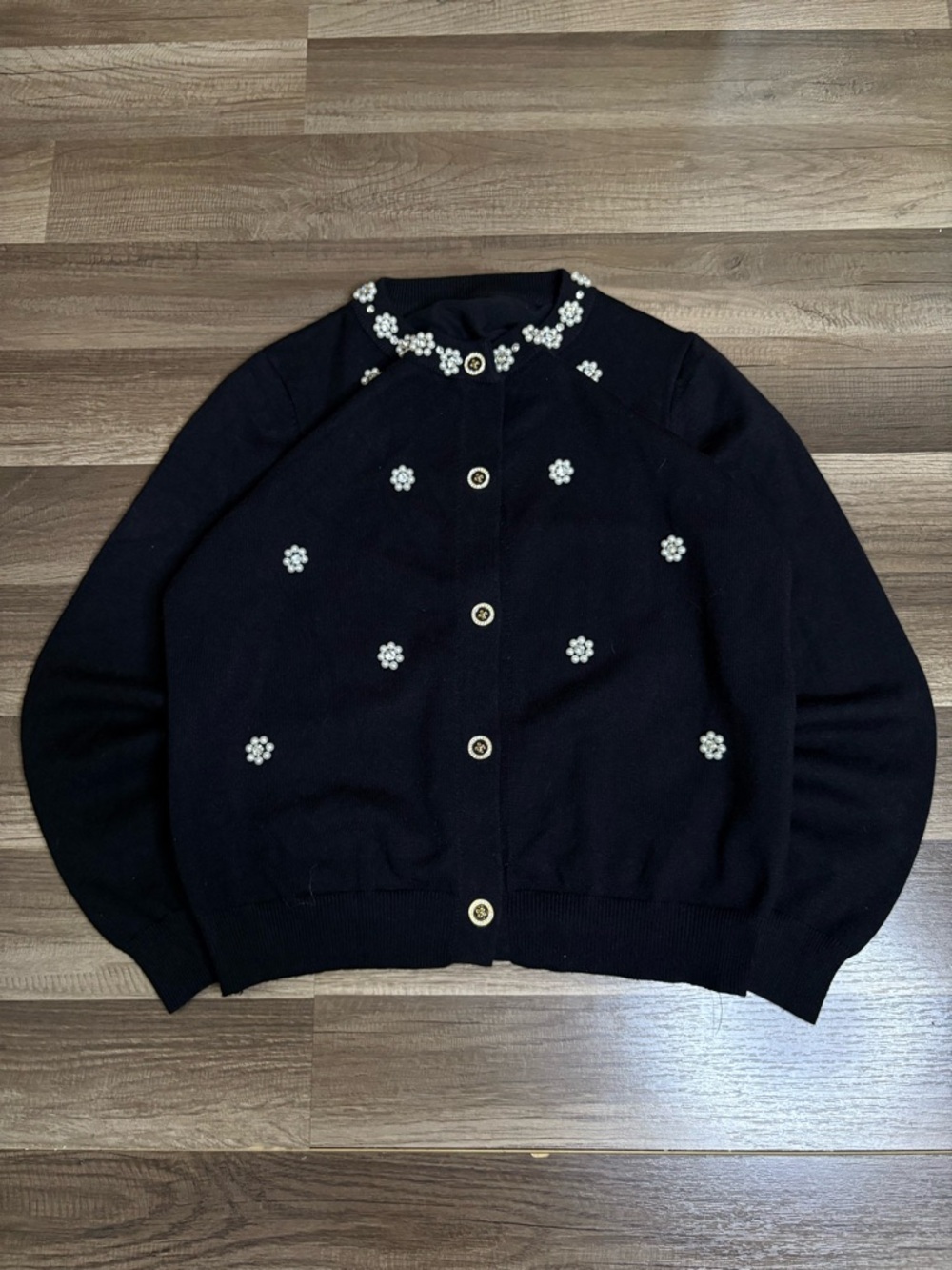 Women's Black Floral Beaded Button Cardigan Sweater Crew Neck Long Sleeve O/S